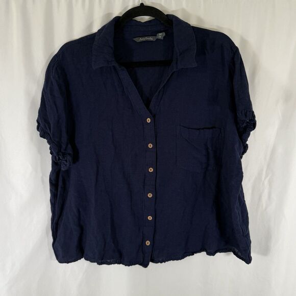 Any Body Tops - Any Body Blouse Women's 1X Blue Button Up Short Sleeve Cotton Linen Blend Solid